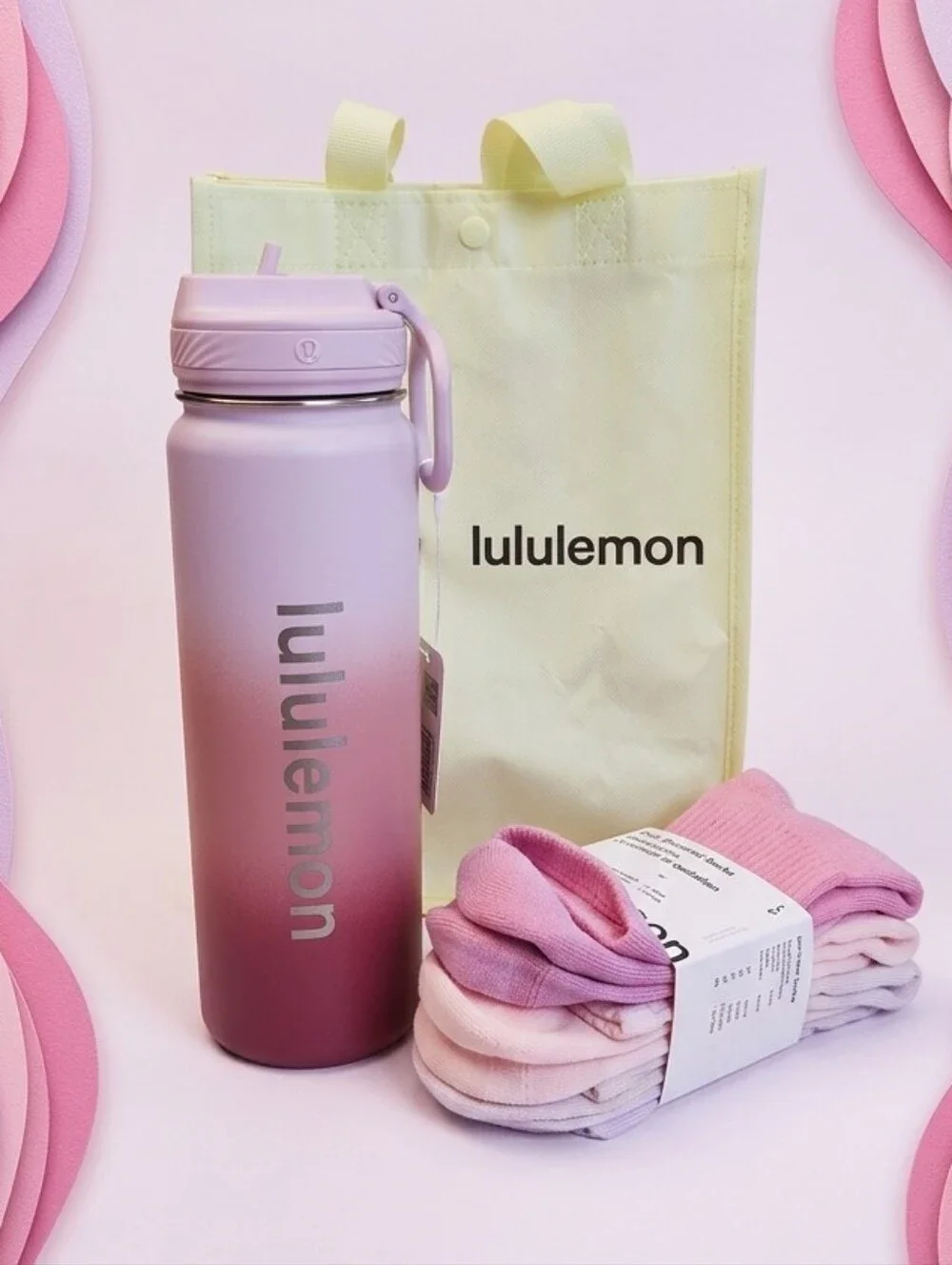 Lululemon Pink SET 24oz Water Bottle 3pk Socks & Reusable Shopping Bag Gift
